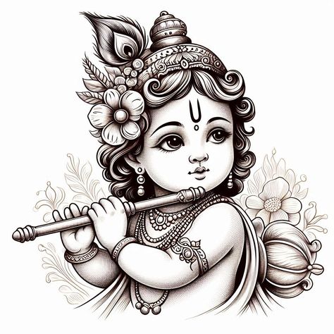 Simple Hindu God Drawing, Drawing Of God Krishna, Cute Krishna Drawing Pencil, Krishna Images Drawing, God Outline, Little Krishna Images, Birthday Drawing Ideas Art, Krishna With Flute Drawing, Cute Little Krishna Drawing