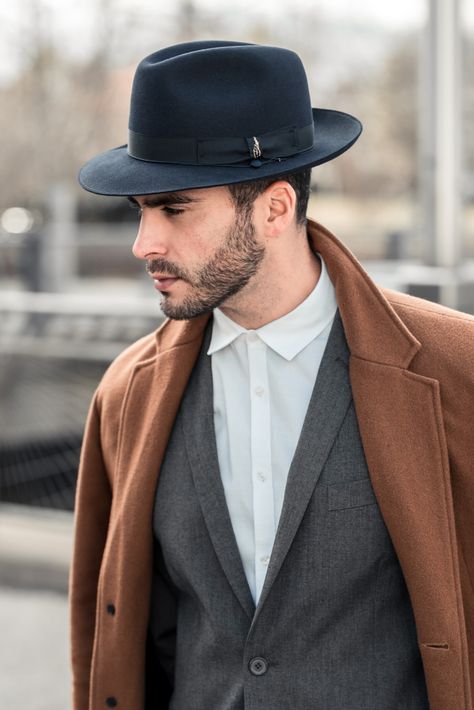 Medium Brim Fedora by Bellissimo (2 1/4") #photoshoot #chabad #jewish #dumbo #brooklyn #hat #fedora #bellissimohats #blackhat  #malemodel Black Fedora Hat Outfit Winter, Journalist Outfit Men, Fedora Hat Outfit Winter, Black Fedora Hat Outfit, Hat Outfit Winter, Black Suit White Shirt, Fedora Outfit, Fedora Hat Outfits, Brooklyn Hat