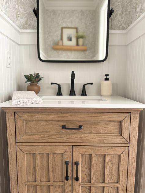 POWDER ROOM TRANSFORMATION || BEADBOARD & WALLPAPER - A Classy Fashionista Bathroom With Beadboard Walls, Bathroom Beadboard, Half Bath Wallpaper, Small Powder Bathroom Ideas, Powder Bathroom Ideas, Transitional Powder Room, Chic Powder Room, Farmhouse Powder Room, Wallpaper Powder Room