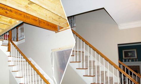 Picture comparing before and after a two story foyer conversion Add On Second Story, Add A Second Story To Your House, Adding Stairs To Second Story, Closing Off Two Story Foyer, Foyer Conversion Two Story, Adding Second Story, 2 Story Foyer Ideas Entryway, Tall Staircase Wall Ideas, Side Hall Colonial