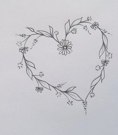 Flower Vine Heart Tattoo, Heart Shaped Tattoos With Flowers, Heart Shaped Vine Tattoo, Heart With Daisy Tattoo, Heart Vines Tattoo, Daisy Wreath Tattoo, Leaf Heart Tattoo, Heart Wreath Tattoo, Heart Vine Tattoo