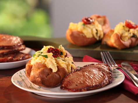 Black Pepper Popovers filled with Vermont Cheddar and Herb Scrambled Eggs and Maple-Mustard Glazed Canadian Bacon Recipe | Bobby Flay | Food Network Baked Apples With Oatmeal, Canadian Bacon Recipes, Bobby Flay Brunch, Oatmeal And Yogurt, Bobby Flay Recipes, Maple Mustard, Bacon Recipe, Vacation Meals, Food Network Canada