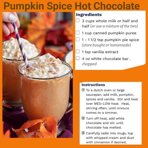 How To Make Pumpkin Spice Hot Chocolate, Homemade Pumpkin Drinks, Fall Hot Chocolate Recipes, Diy Fall Drinks, Fall Hot Drink Recipes, Pumpkin Spice Hot Chocolate Recipe, Pumpkin Hot Chocolate Recipe, Pumpkin White Hot Chocolate, Spiced Hot Chocolate Recipe