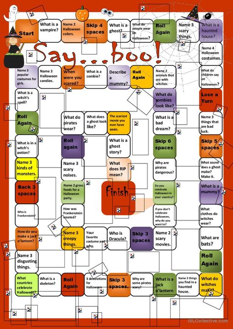 Halloween Boardgame board game: English ESL worksheets pdf & doc Halloween Board Games Free Printable, Esl Board Games, Halloween Board Game, Halloween Vocabulary, Board Game Template, Game Questions, Halloween Names, Speaking Practice, Halloween Mummy