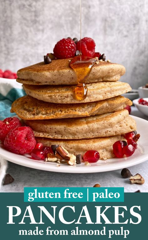 These gluten free almond pulp pancakes are made with leftover pulp from the Almond Cow. They are fluffy, lightly sweetened and great for a healthy breakfast. These Almond Cow pulp pancakes are paleo, gluten free and dairy free. #almondcow #almondpulp #pulppancakes #almondpancakes Paleo Baking Powder, Almond Pulp Recipes, Paleo Pancake Recipe, Paleo Pancake, Sugar Free Pancakes, Pulp Recipes, Grain Free Pancakes, Almond Cow, Homemade Nut Milk