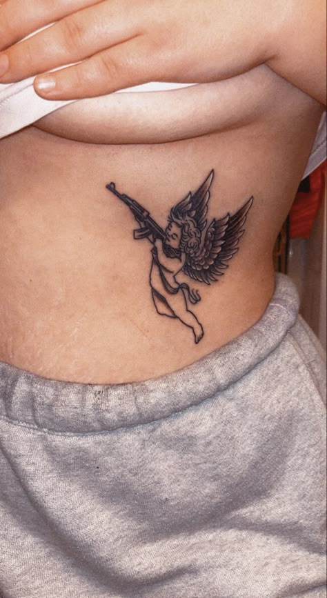 Ak Tattoo, Cherub Tattoo Designs, Tattoo On Ribs, First Tattoo Ideas, Cupid Tattoo, Stomach Tattoos Women, Basic Tattoos, Cherub Tattoo, Flame Tattoos