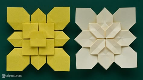 Clover and Hydrangea Tessellations - There are links to both videos and diagrams. <3 Flat Origami, Origami Hydrangea, Origami Wall Art, Origami Boxes, Origami Yoda, Origami Star Box, Origami Videos, Origami Dragon, Origami Fish