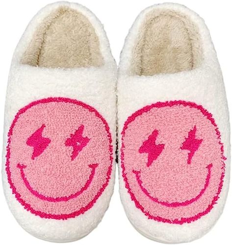 Happy Face Slippers, Smiley Face Slippers, Pink Smiley Face, Pink Smiley, Cat Slippers, Blue Lightning, Plush Slippers, Winter Slippers, Warm Slippers