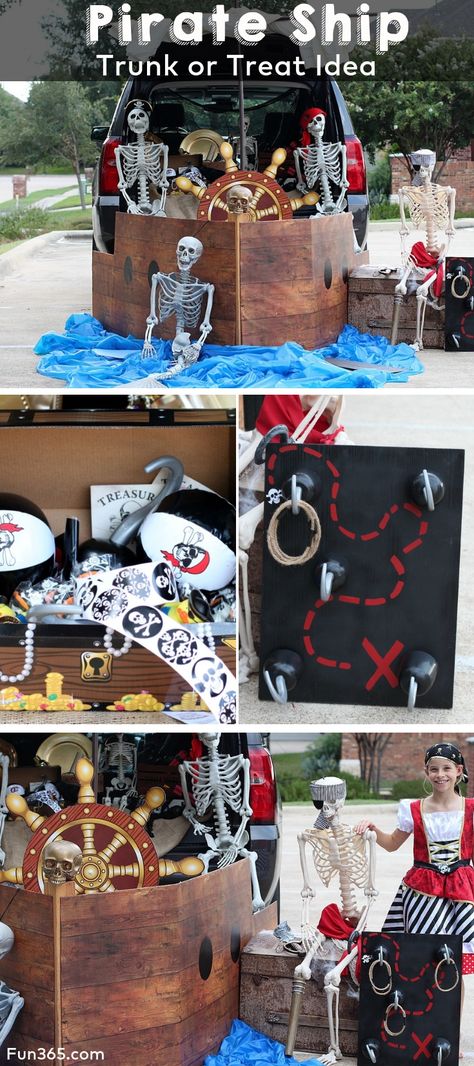 Trick your trunk with a pirate theme. Trick or treaters will love stopping by this pirate ship to get treats and toys. Trunk Or Treat Ideas Pirate Theme, Pirate Trick Or Trunk Ideas, Pirate Ship Trunk Or Treat Ideas For Suv, Trunk Or Treat Ideas Pirate Ship, Christian Pirate Trunk Or Treat, Pirate And Mermaid Trunk Or Treat, Trunk Or Treat Ideas Pirates, Pirates Trunk Or Treat, Trunk Or Treat Ideas For Cars Pirate