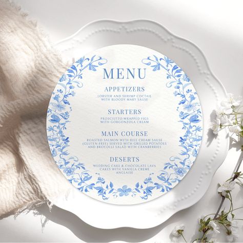 Round Menu Wedding, Lake View Wedding, Blue Flower Wreath, Chinoiserie Wedding, Blue Menu, Blue Winter Wedding, Menu Card Design, Vision 2024, Chocolate Wedding Cake