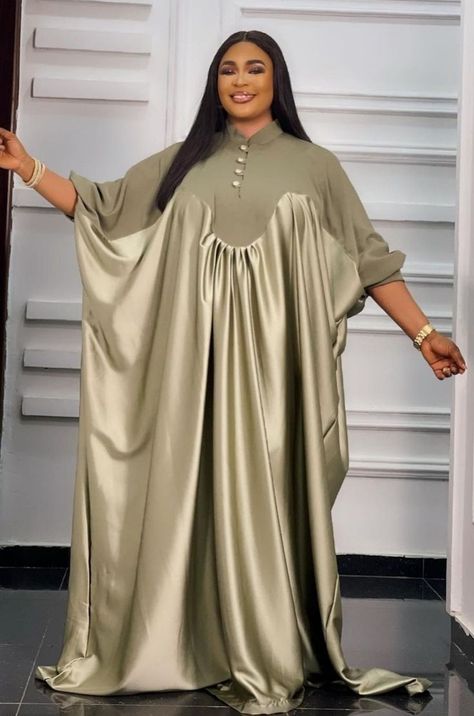 Chiffon Bubu Styles Nigerian, Silk Material Dress Styles, Material Dress Styles, Soie Wax Model, Materials Gown Style, Satin Outfit, Casual Gowns, Boubou Styles For Women, Kaftan Styles