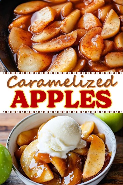 Craving something warm, sweet, and fruity? Try these easy caramelized apples! Ready in minutes, they're great as a topping for ice cream, pancakes, and more. Baked Apples With Ice Cream, Apple Pie Ice Cream Topping, Apple Topping For Ice Cream, Carmalized Apples How To Make, Apple Dishes Desserts, Ambrosia Apple Recipes, Carmel Apple Topping, How To Caramelize Apples, Apple Ice Cream Topping