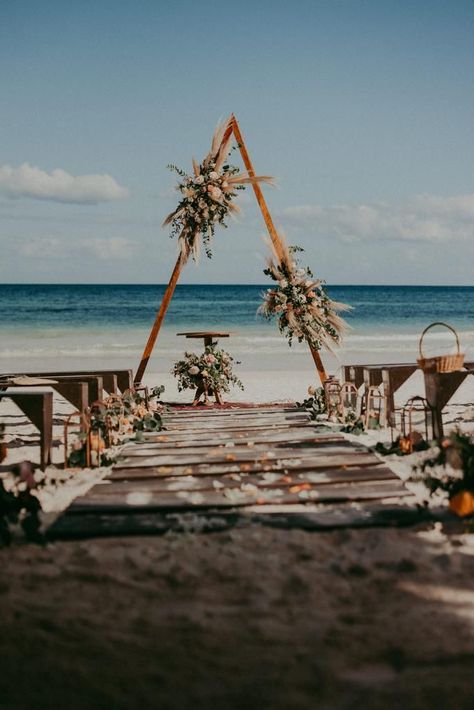 Tulum Elopement, Cancun Wedding Venues, Beach Wedding Setup, Beach Wedding Pics, Wedding Tulum, Riviera Cancun Wedding, Mexico Weddings, Boho Wedding Ceremony, Wedding Mexico