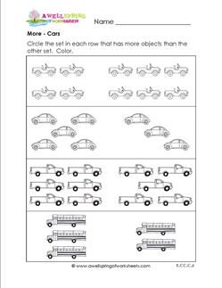 More - Cars - Comparison Worksheets More Less Equal Kindergarten Activities, More Or Less Worksheets, Summer Math Worksheets, Writing Worksheets Kindergarten, Kindergarten Skills, Preschool Math Worksheets, Free Kindergarten Worksheets, Prek Math, Kindergarten Worksheets Printable