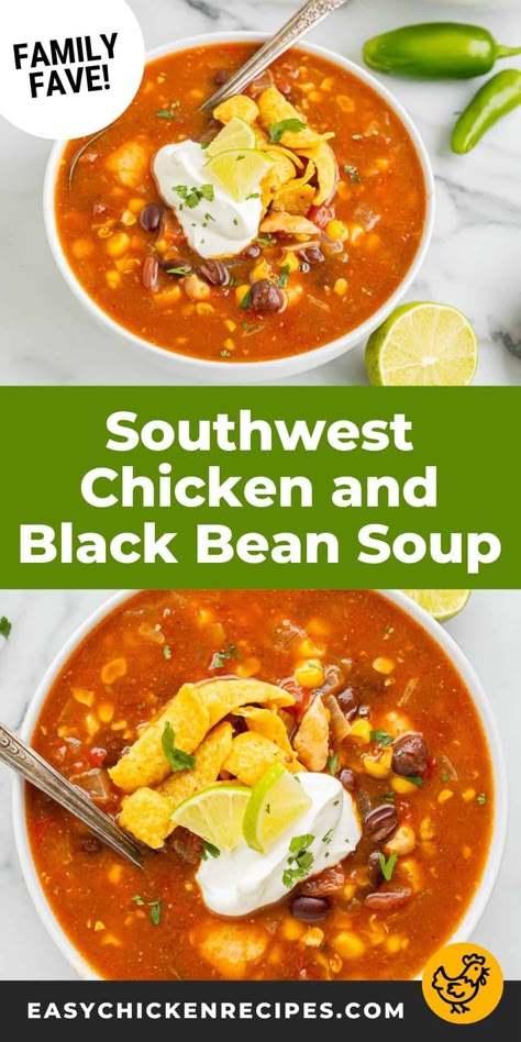 Southwest Chicken Soup Recipe - Easy Chicken Recipes Southwest Chicken Soup Recipes, Black Bean Chicken Soup, Chicken Black Bean Soup, Winter Chicken Recipes, Bean Chicken Soup, Southwest Soup, Chicken Soup Easy, Southwestern Soup, Southwestern Chicken Soup