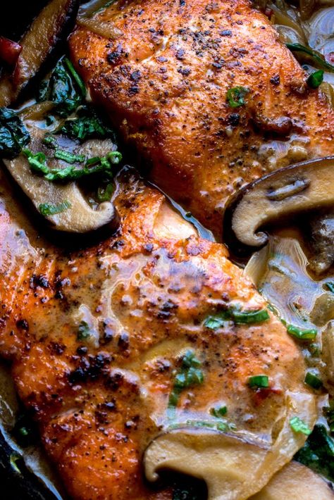 Braised Salmon in Creamy Mushroom Sauce Salmon Mushroom, Oyster Mushroom Recipe, Creamy Salmon, Lemon Garlic Salmon, Mushroom Cream Sauces, Mushroom Recipe, Lemon Salmon, Oyster Mushroom, Creamy Mushroom Sauce