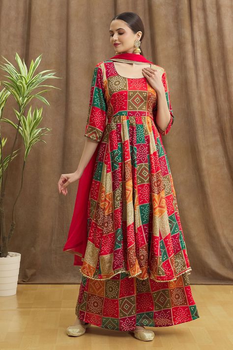 Shop for Samyukta Singhania Multi Color Bandhej Patterned Anarkali Palazzo Set for Women Online at Aza Fashions Suite Design For Women, Lawn Suit Design, Suits For Women Indian, Diwali Outfits, Cotton Anarkali, Long Kurtis, Latest Dress Design, Boys Kurta, Dress Book