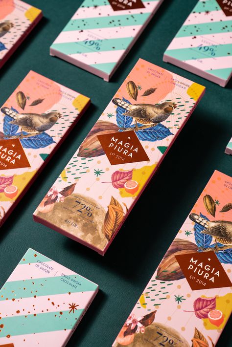 Magia Piura Chocolate Bar Puts a Whimsical Twist On Chocolate | Dieline Chocolate Packaging Ideas, Chocolate Bar Packaging, Chocolate Bar Design, Bar Packaging, Chocolate Packaging Design, Chocolate Bar Wrappers, Coffee Chocolate, Chocolate Wrappers, Art Appliqué