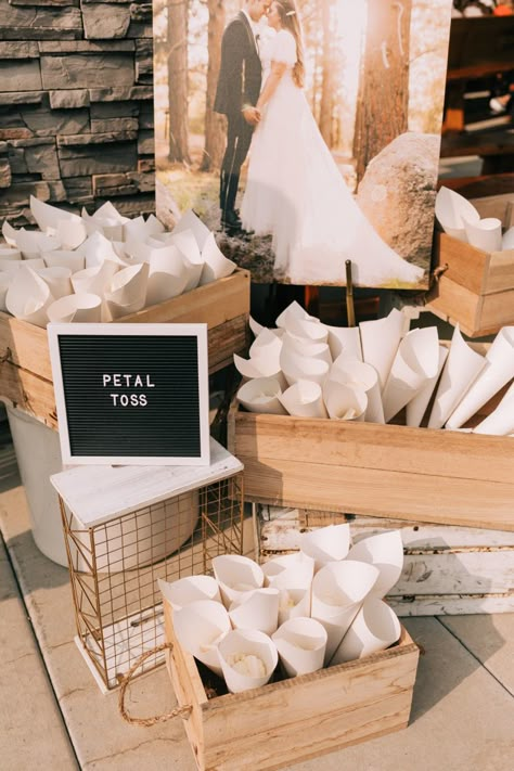 Wedding Petals Toss, Petal Toss Set Up, Petal Send Off Wedding, Wedding Petal Toss Ideas, Diy Wedding Aisle Decor, Petal Toss Display, Petal Toss Wedding Ceremony, Wedding Flower Toss, Rice Wedding Send Off