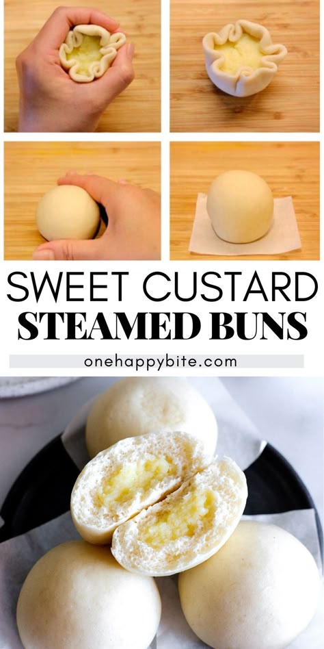 A dim sum classic, Steamed Custard Buns (nai wong bao) are white fluffy buns filled with light and sweet custard. It's the absolute comfort food! Fluffy Steamed Buns, Egg Custard Steamed Buns, Diy Dim Sum, Pork Asian Recipes, Custard Bao, Recipes With Cucumber, Steamed Custard Buns, Asian Recipes For Dinner, Recipes Ground Pork