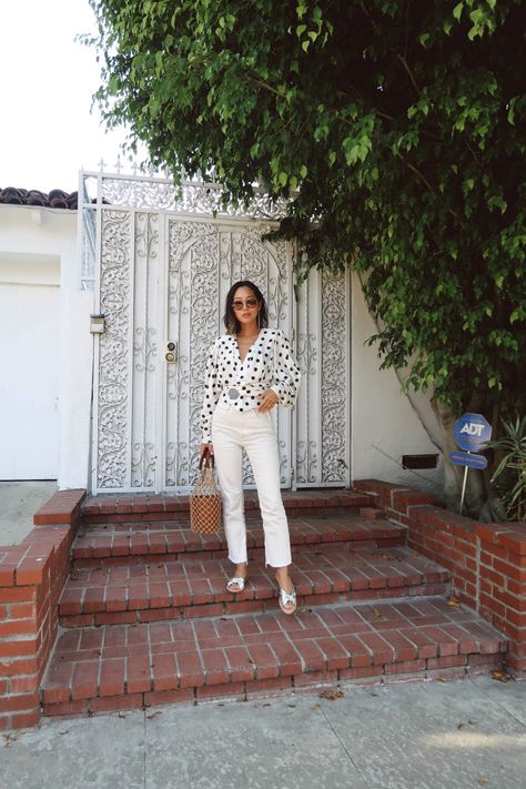 White Polka Dot Top Outfit, Polka Dot Top Outfit, European Fashion Summer, White Polka Dot Top, Aimee Song, White Jeans Outfit, Blogger Outfits, Song Of Style, Top Outfit