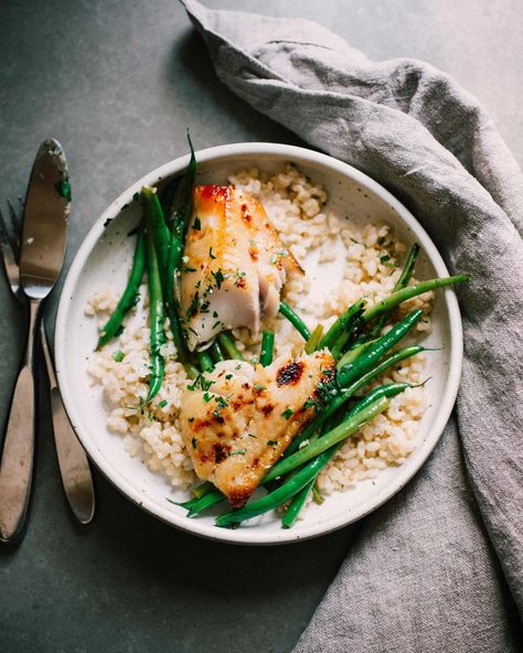 Miso Cod w/ Rice and Sesame Green Beans Miso Cod, Sesame Green Beans, Green Curry Paste, Mango Chunks, Cooking Club, Chipotle Pepper, Green Curry, Snap Peas, Fire Roasted