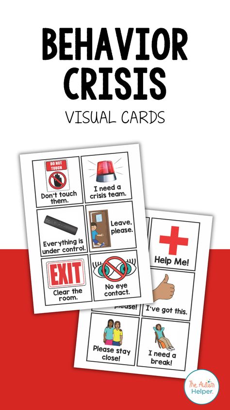 During a crisis situation, using visuals can help reduce overwhelm and de-escalate the behavior. This set of visuals can be used between staff members and with students during a meltdown or crisis. Visuals include coping strategies, staff directions, and other common prompts. Asd Visuals, Social Work Offices, Behavior Cards, Special Needs Teacher, Behavior Plan, Behavior Supports, Social Skills Groups, Behavior Interventions, Classroom Strategies