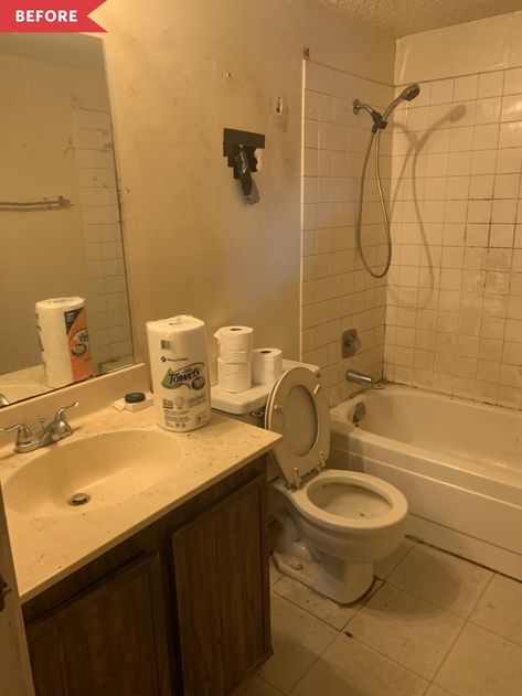 Dingy Bathroom, White Bathroom Makeover, Holes In Wall, White Mosaic Tiles, Black And White Bathroom, White Bathroom Tiles, Old Bathroom, Apartment Makeover, Cheap Bathrooms