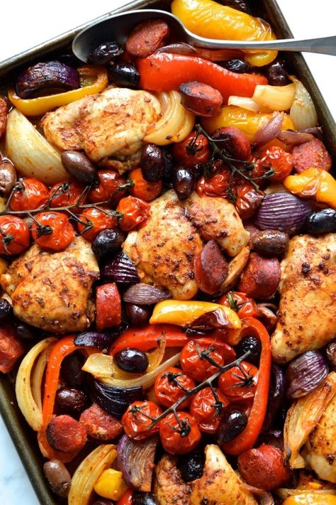 Spanish Chicken & Chorizo Traybake | Every Last Bite Chicken Chorizo Recipe, Spanish Chicken And Chorizo, Chicken And Chorizo, Spanish Chicken, Chicken Chorizo, Whole30 Dinner Recipes, Chorizo Recipes, Cubed Sweet Potatoes, Tray Bake Recipes