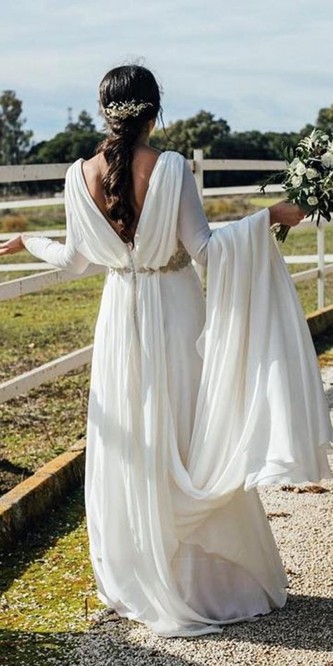 greek wedding dresse simple a line with long sleeves v back kiwo estudio Greek Wedding Dress, Greek Goddess Wedding Dress, Greek Style Wedding Dress, Goddess Wedding Dress, Grecian Wedding Dress, Greek Wedding Dresses, Grecian Gown, Greek Dress, Grecian Wedding