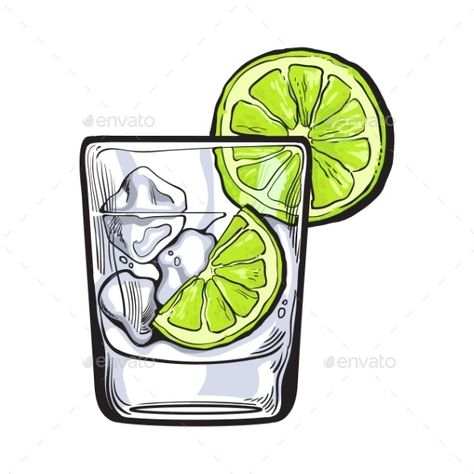 Cocktail Sketch Art, Gin And Tonic Tattoo, Glass Of Water Illustration, Vodka Drawing, Shot Glass Drawing, Drinks Drawing, Cocktails Drawing, Glass Drawing, Glass Illustration