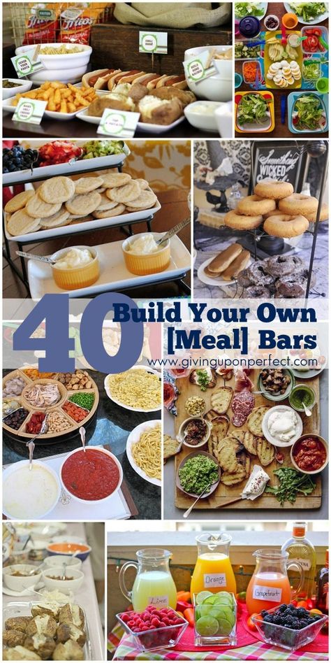 Planning a Superbowl, New Year's Eve or 4th of July party? Here are 40 Ideas for Build Your Own {Food} Bars - fun and easy! Party Food Bars, Nacho Bar, Food Bars, Foods And Drinks, Food Bar, Ideas Videos, Cooking For A Crowd, Food Stations, Think Food