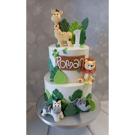 Safari themed 2 tier cake Two Tier Safari Theme Cake, Animal Theme Cake Jungle Safari Birthday Party Ideas, Safari Cake 2 Tier, 2 Tier Safari Birthday Cake, Boys Bday Cakes, Jungle Cakes, Jungle Theme Cakes, Tiered Cakes Birthday, Animal Birthday Cakes