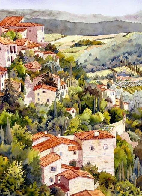 Countryside Watercolor, Gordes France, Watercolor City, Italy Painting, Watercolor Poster, Wall Art Rustic, French Countryside, Original Wall Art, Painting Process