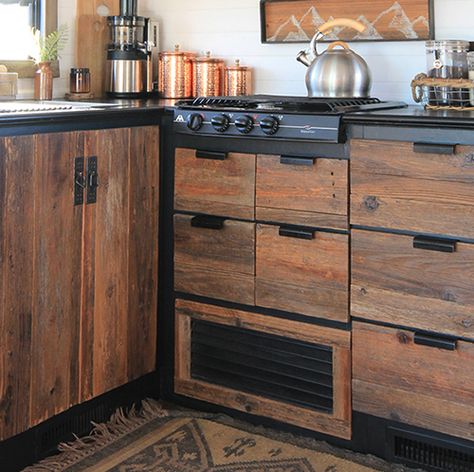 Planning a rustic modern kitchen remodel? Check out our DIY reclaimed wood kitchen cabinets made out of old fence boards! MountainModernLife.com Reclaimed Wood Kitchen Cabinets, Reclaimed Kitchen Cabinets, Rustic Wood Kitchen Cabinets, Reclaimed Kitchen, Kitchen Cabinet Plans, Rv Interiors, Rustic Industrial Kitchen, Reclaimed Wood Cabinet, Diy Reclaimed Wood