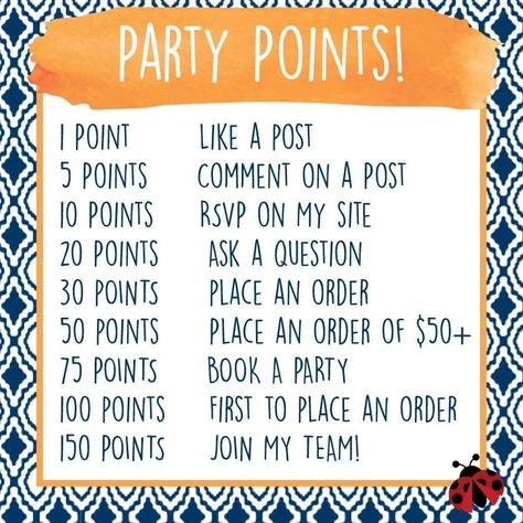 Party points                                                                                                                                                                                 More Tupperware Party Ideas, Facebook Party Games, Scentsy Games, Scentsy Facebook Party, Online Party Games, Norwex Party, Party Points, Mystery Hostess, Facebook Games