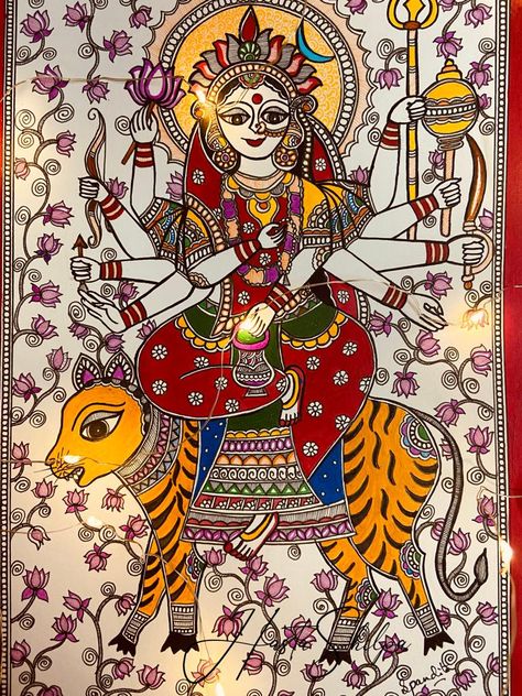 Mithila painting Navdurga Madhubani Painting, Nav Durga Madhubani Painting, Mithila Painting Design, Maa Chandraghanta, Nava Durga, Nav Durga, Phad Painting, Mithila Art, Kalamkari Art