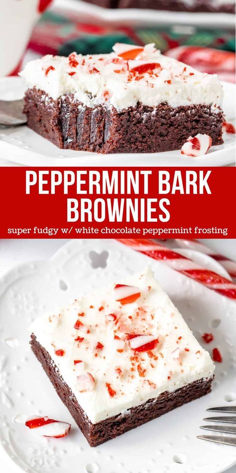 If you love peppermint bark - then you need to try these peppermint bark brownies. They have everything you love about the classic Christmas treat in fudgy brownie form. It's a rich and fudgy chocolate brownie topped with white chocolate peppermint frosting and topped with candy canes! #peppermintbark #brownies #candycanes #whitechocolate #christmas #holidays #recipe from Just So Tasty Frosted Peppermint Brownies, Peppermint Frosted Brownies, Peppermint Fudge Brownies, Christmas Baking Chocolate, Chocolate Peppermint Biscotti, Christmas Themed Brownies, Christmas Decorated Brownies, White Chocolate Peppermint Pretzels, Brookies Christmas