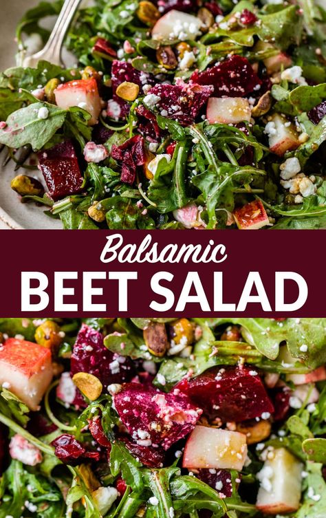 This delicious roasted beet salad with arugula, apple, cranberries, and feta looks stunning and is tossed in an easy balsamic dressing. Our favorite holiday salad recipe! Beet Salad With Arugula, Beet Salad With Feta, Beet Salad Recipe, Salad With Balsamic Dressing, Beet Salad Recipes, Roasted Beet Salad, Recipe Salad, Beet Recipes, Best Salad Recipes