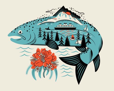 Salmon Illustration, Pacific Rhododendron, Seattle Logo, Washington State Flag, Rhododendron Flower, Jumping Fish, Northwest Landscaping, Pacific Northwest Art, Fish Graphic