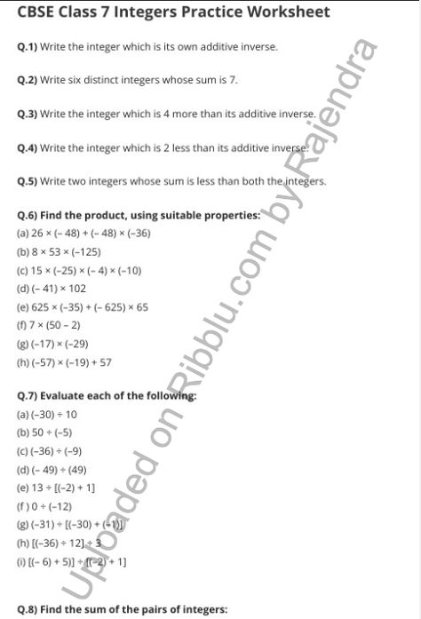 Download free pdf of Chapter 1 Integers Worksheets for Class 7 Maths. Students can easily get all the Class 7 Maths Worksheets… The post Integers Worksheet for Class 7 Maths – Chapter 1 appeared first on CBSE Papers and Worksheets in PDF For free. Year 7 Maths Worksheets, Year 7 Maths, Class 4 Maths, Math Integers, Maths Worksheet, Class 6 Maths, Integers Worksheet, Sample Question Paper, Math Practice Worksheets