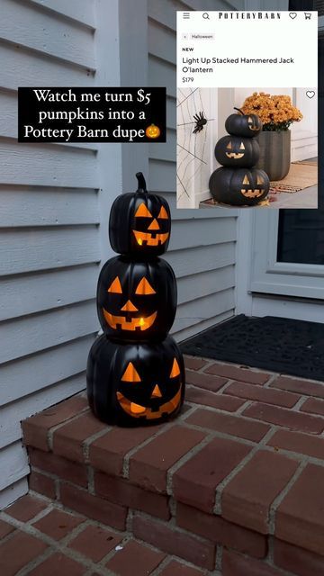 Christina Clericuzio on Instagram: "Day 3 of creating affordable Pottery Barn inspired Halloween decor🎃👻 How do we like these stacked pumpkins? #halloween #halloweendecor #halloweendecorations #halloweendiy #halloweenideas #halloweenspirit #halloween2023 #diyhalloween #diyhalloweendecorations #diyhalloweendecor #diycrafts #seasonaldecor #falldecorations #onabudget #decoratingonabudget #affordabledecor #affordablestyle #pumpkinseason #pumpkindecor #pumpkin🎃 #spraypainting #potterybarn #pottery Stacked Pumpkins Porch Diy, Stacking Pumpkins, Pumpkin Pottery, Pottery Barn Pumpkin, Pottery Barn Halloween, Dollar Tree Halloween Decor, Dollar Tree Pumpkins, Halloween Decor Ideas, Porch Pumpkins