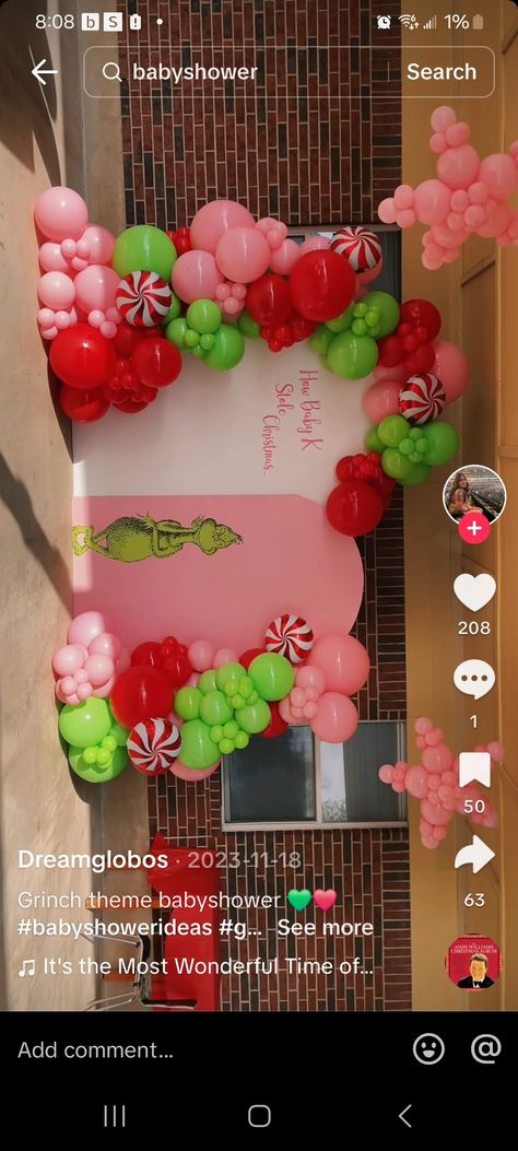 The Grinch Backdrop, Grinch Themed Christmas Party Outfit, Grinch Gender Reveal Ideas Decoration, Cindy Lou Birthday Party, Grinch Gender Reveal Party, Pink Grinch Party, Grinch Theme Gender Reveal, Grinch Baby Shower Cake, Cindy Lou Who Birthday Party