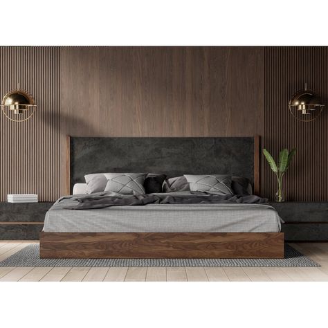 Mercury Row® Alaya Low Profile Platform Bed & Reviews | Wayfair Platform Bed And Headboard, Modern Platform Bed Storage, Modern King Size Bed Master Bedrooms, Low Height Bed Design, Slate Headboard, Black And Natural Wood Bedroom, Walnut Bedroom Ideas, Luxury Platform Bed, King Bed Modern