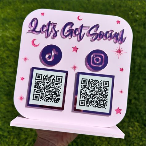 Custom Lets Get Social sign! ❤️ Made with pastel pink acrylic and pink mirror lettering! I’ll be open for more custom signage after my event this weekend. If you’re interested, send me a DM to talk! Prices are $60 and up. . . #lasercut #lasercutjewelry #lasercutting #lasercutting #mira9 #aeonmira #glowforge #acrylicart #c02laser #qrsgn #qrsignage #shopsmall #aeonmira Mirror Lettering, Imaginary Friends, Acrylic Signage, Laser Cut Jewelry, Custom Signage, Pink Mirror, Pink Acrylic, Pink Acrylics, Imaginary Friend