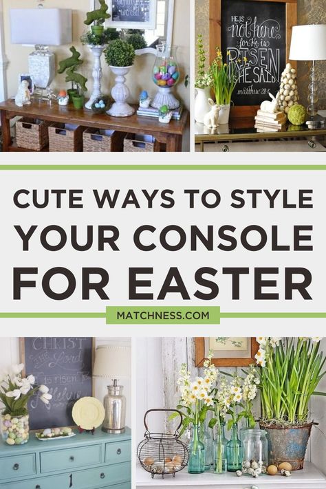 Easter has come! it’s time for styling your console for Easter. Maybe you like to decorate the entry way, living room for Easter it must be fun to do. Let’s check the ways you can do with eggs in this season. #easterdecor #homedecor #interiordesign Easter Console Table Decor, Easter Entry Table Decor, Easter Entryway Table Decor, Spring Entry Table Decor, Decorate Tv Stand, Easter Entryway Decor, Sofa Table Decor, Easter Outdoor, Entry Table Decor