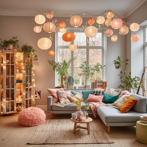 Home Color Ideas Living Room, Colorful Boho Interior Design, White Room With Colorful Accents, Living Room Designs Colorful, Apartment Decor Colorful, Whimsical Apartment, Colorful Modern Living Room, Scandinavian Colorful, Eclectic Boho