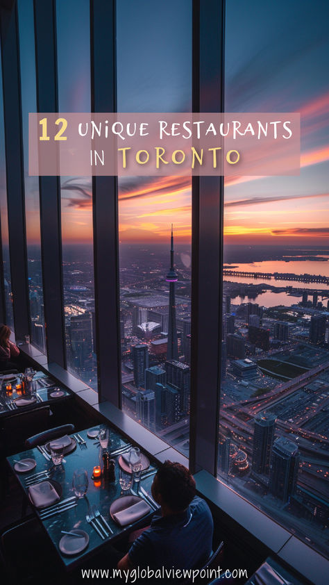 View from a high-rise restaurant in Toronto during sunset, featuring a dining table setup and a breathtaking skyline including the CN Tower, one of the coolest unique restaurants in Toronto. Toronto Birthday Ideas, Places To Eat In Toronto, Toronto Canada Restaurants, Toronto Restaurants Downtown, Things To Do In Toronto Canada, Toronto Canada Aesthetic, Toronto Aesthetic, Toronto Vacation, Canada Restaurants