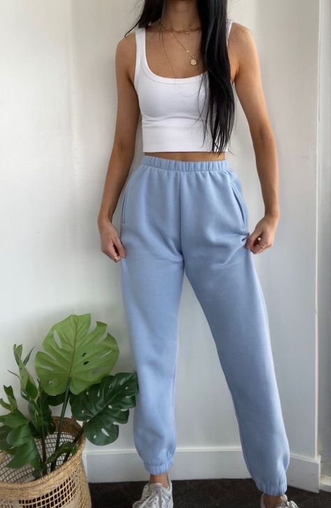 Blue Hoodie And Sweatpants, How To Style Light Blue Sweatpants, Light Blue Sweats Outfit, Light Blue Tracksuit, How To Style Blue Sweatpants, Light Blue Joggers Outfit, Outfits With Blue Sweatpants, Blue Sweats Outfit, Blue Comfy Outfit