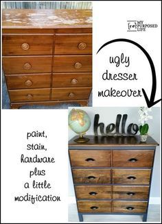 Amazing ugly dresser makeover with paint stain hardware modification http://MyRepurposedLife.com Diy Dresser Makeover, Dressers Makeover, Dark Stain, Diy Dresser, Furniture Rehab, Dresser Makeover, Vintage Dressers, Furniture Renovation, Refurbished Furniture